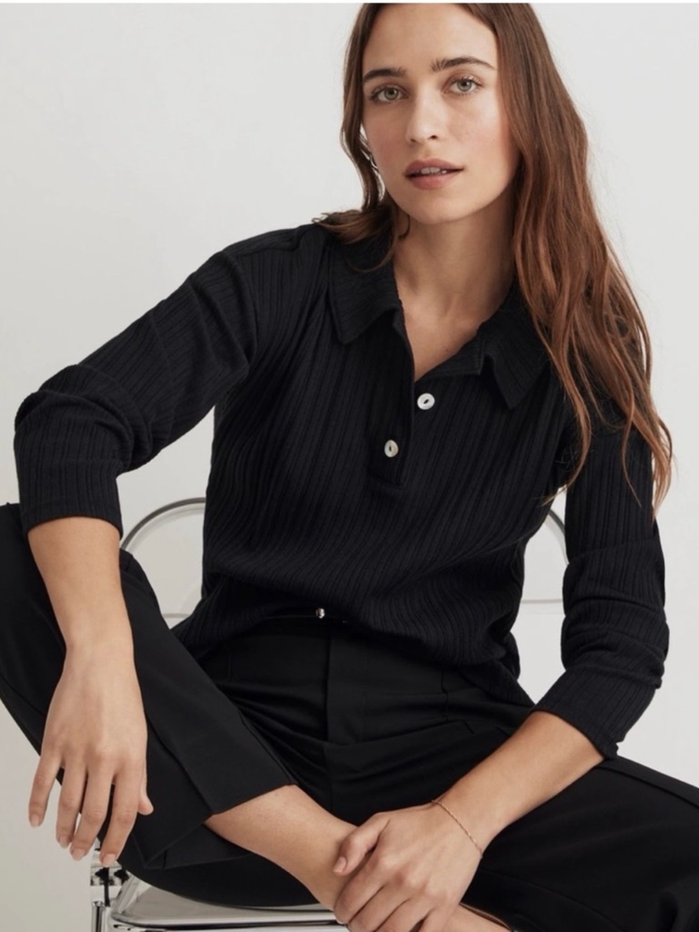 Madewell Black Ribbed Polo Top with Mother of  Pearl Buttons